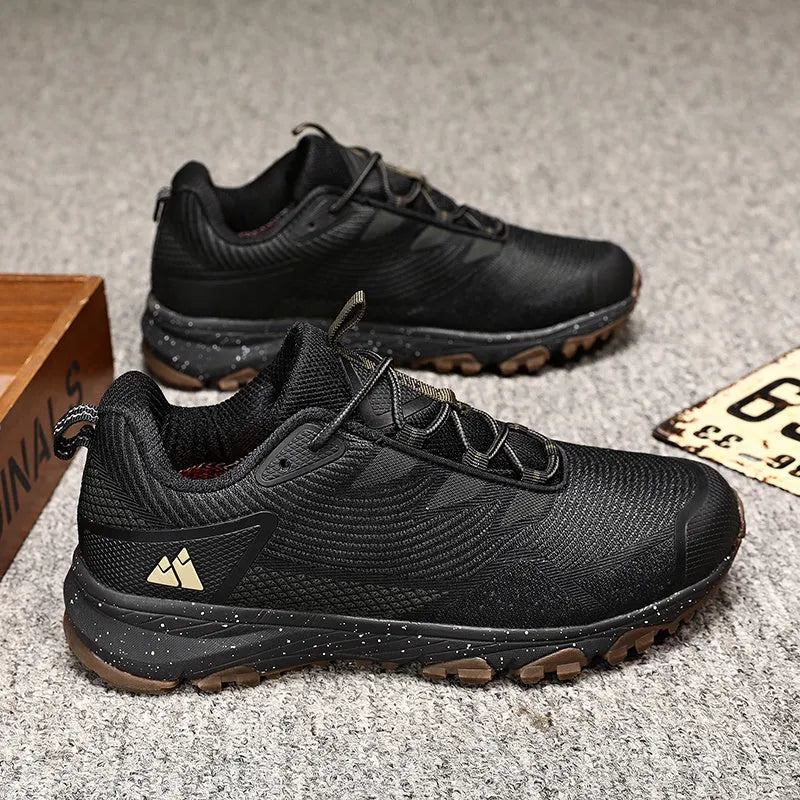 Men's black outdoor hiking shoes with rugged outsole for off-road trails, plus size fit