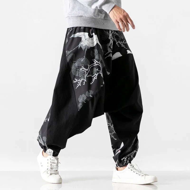 Chinese style crotch big crotch patchwork trousers in black cotton-linen blend, side view
