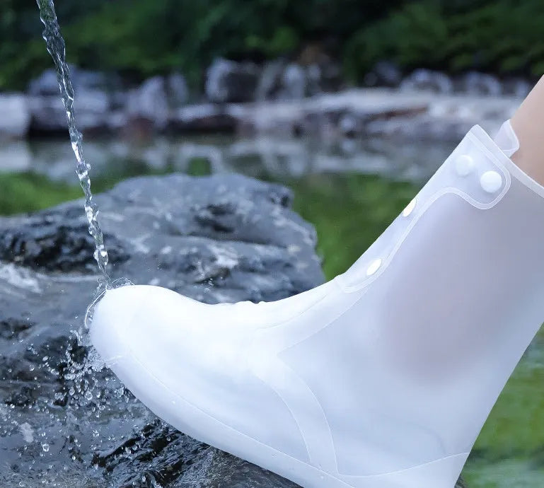 PVC women's waterproof shoe covers in white high-top design for indoor cleaning and outdoor rain protection