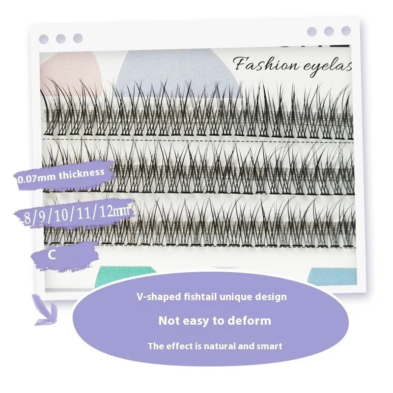 Black V-shaped fairy fishtail false eyelashes with thick segment design shown at 10mm length