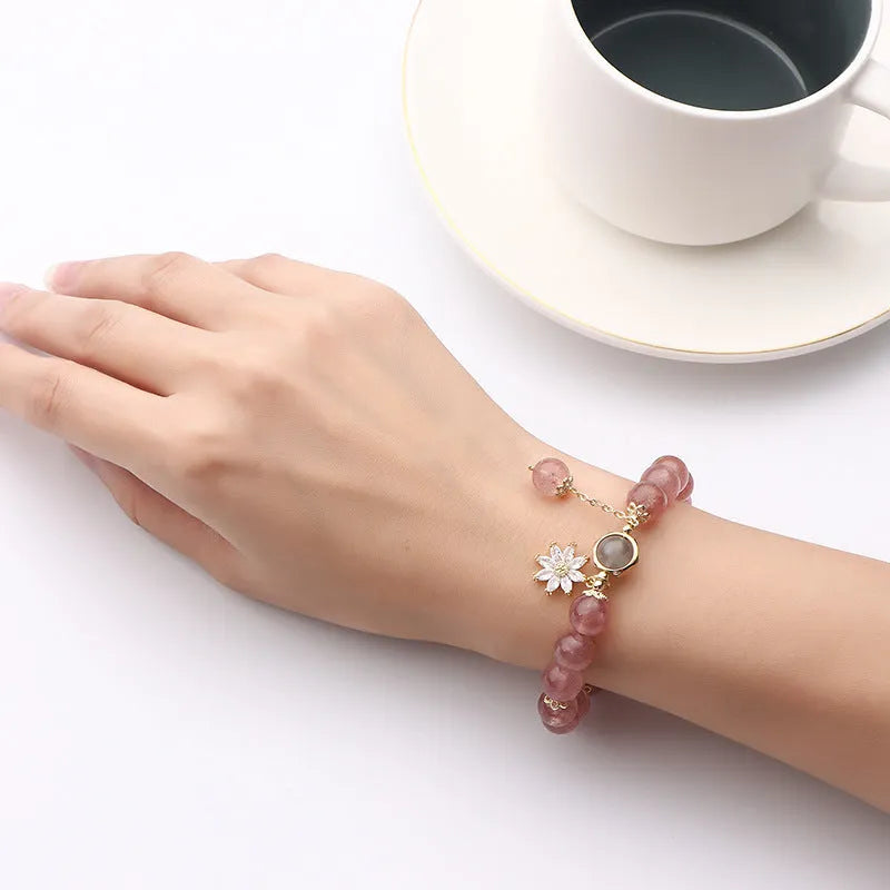 Natural strawberry quartz crystal bracelet with electroplated floral charm in Mori style