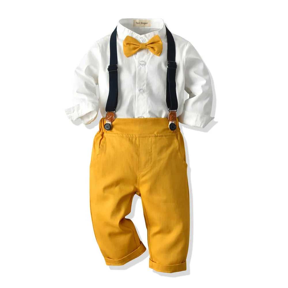 Boy's cotton trouser suit set with jacket and trousers in blue, showing front view