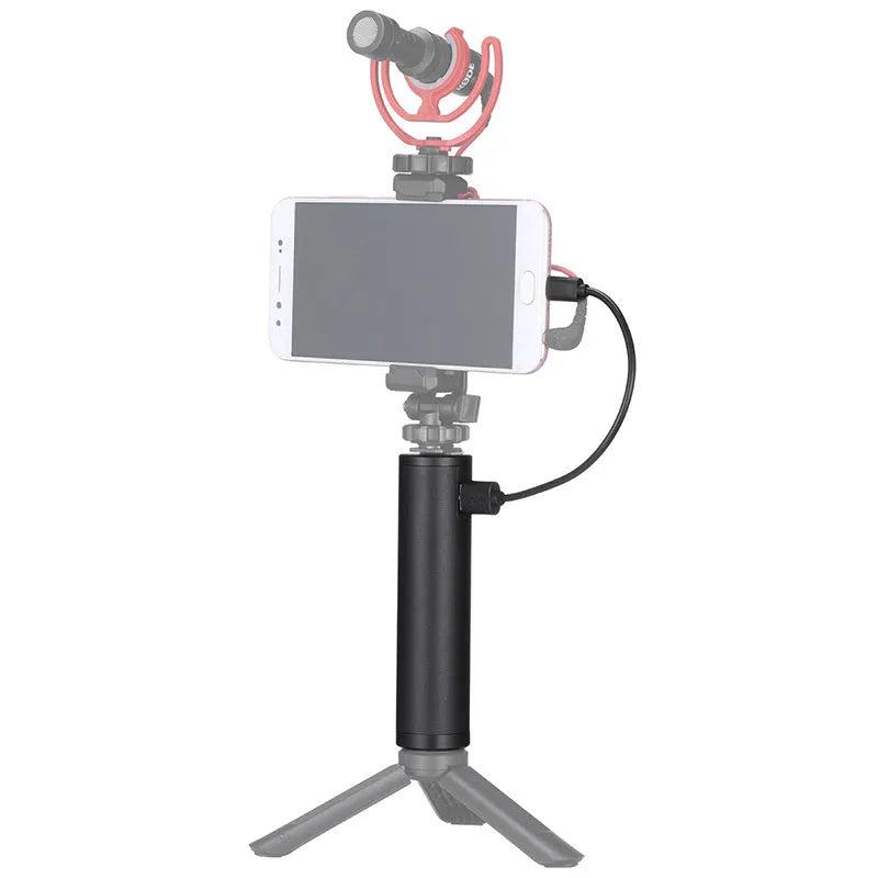 Black aluminium alloy portable power bank with a carry handle and strap, showing compact size