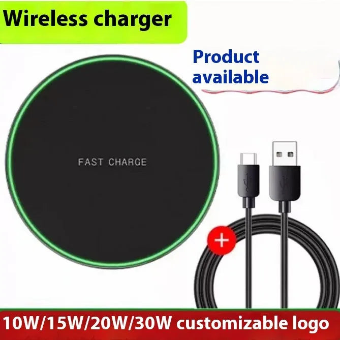 Black frosted 15W wireless charger pad with USB Type-C cable for mobile phone fast charging