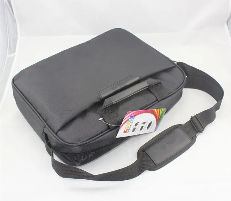 Large black nylon shoulder bag for 15.6 inch laptop, plain finish with zipper and handle