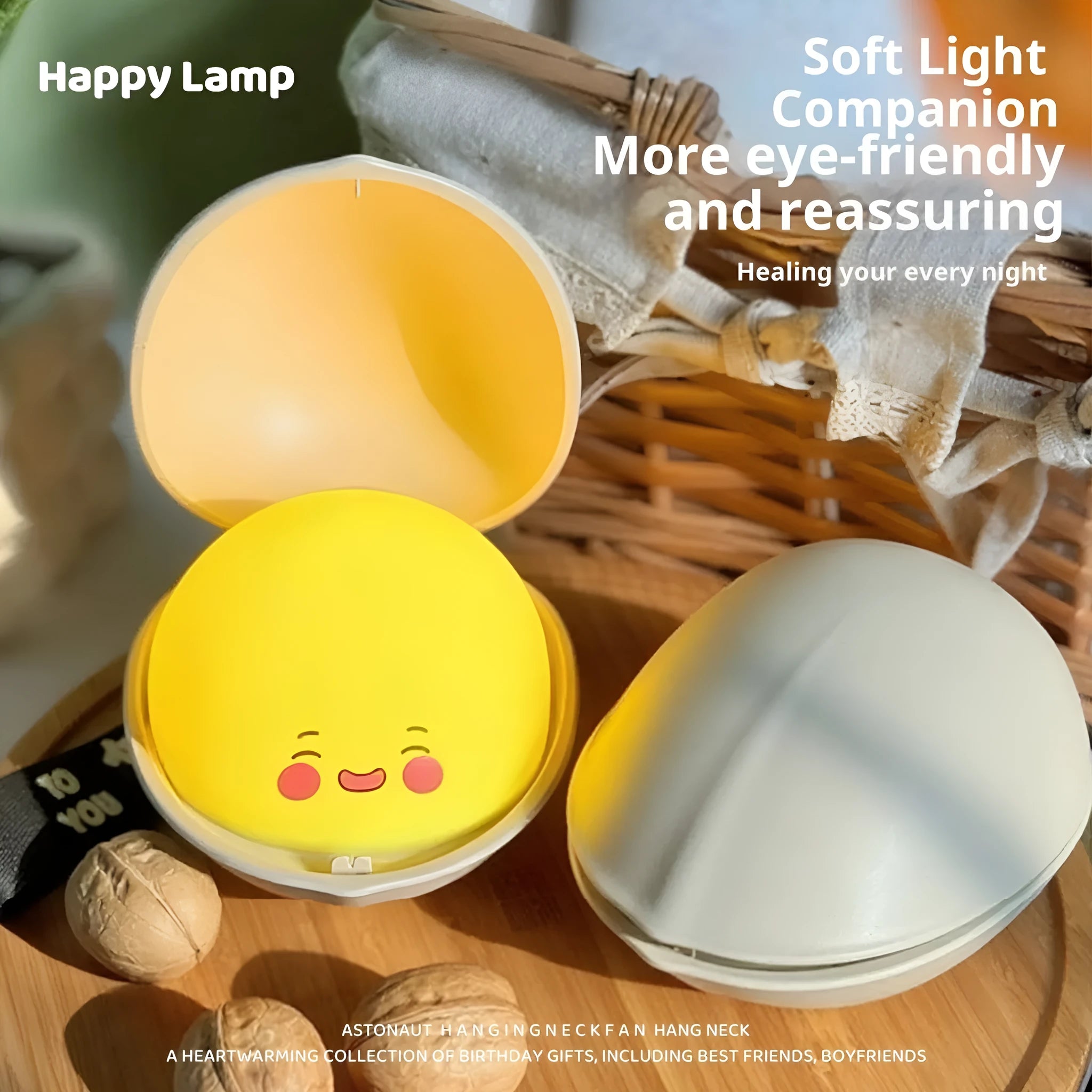 Pistachio-shaped silicone night light with LED bulb and data cable, designed for babies and toddlers as a sleep aid