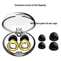 Set of noise reduction earplugs in various colours with a storage case and spare silicone caps.