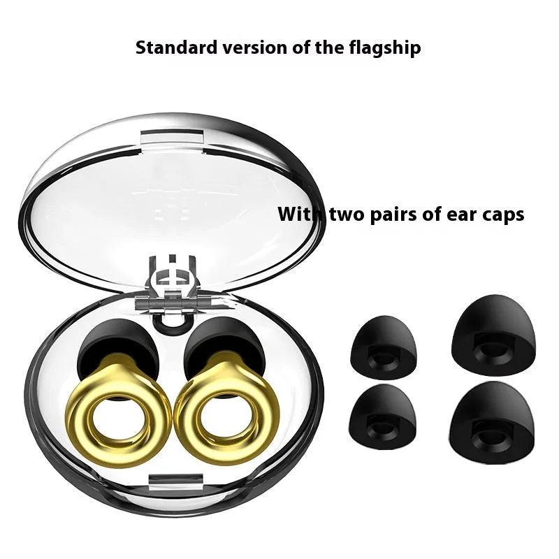 Set of noise reduction earplugs in various colours with a storage case and spare silicone caps.