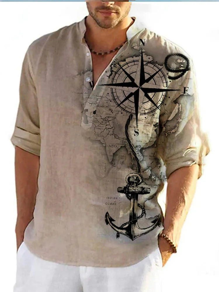 Thin striped Hawaiian-style long sleeve casual shirt on a hanger.
