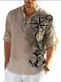 Thin striped Hawaiian-style long sleeve casual shirt on a hanger.