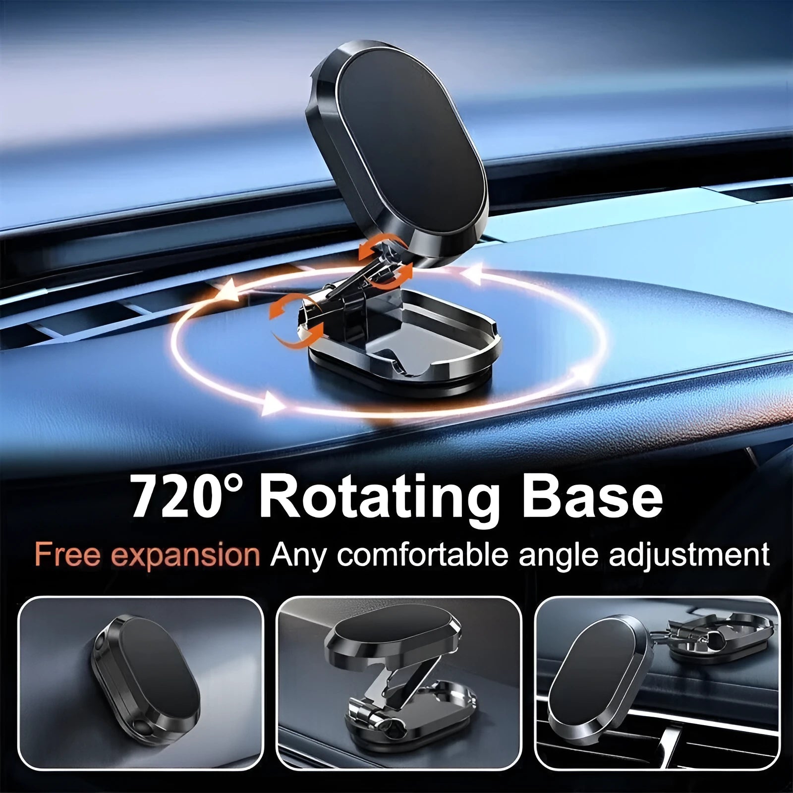 Chrome folding magnetic car phone holder mounted on a dashboard, showing 360-degree rotation.