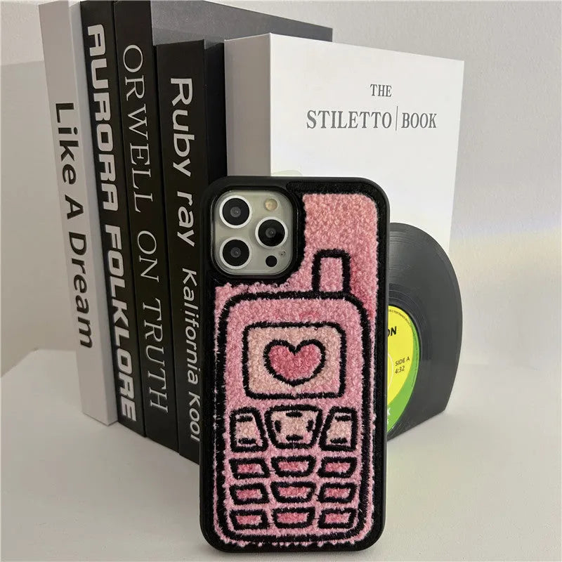 Pink TPU iPhone case with towel embroidery design on back