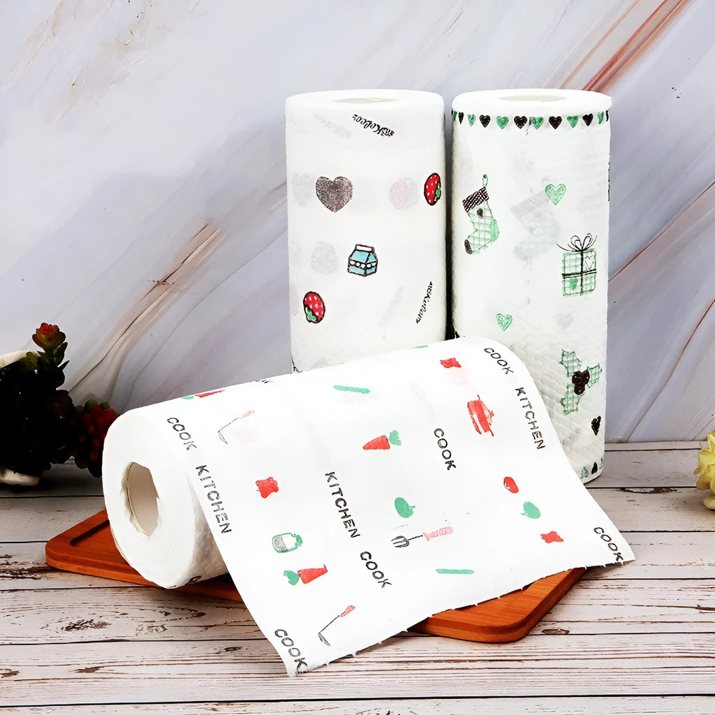 Roll of disposable non-woven rags 23x25cm in fawn colour with 50 sheets of wood pulp PP fabric