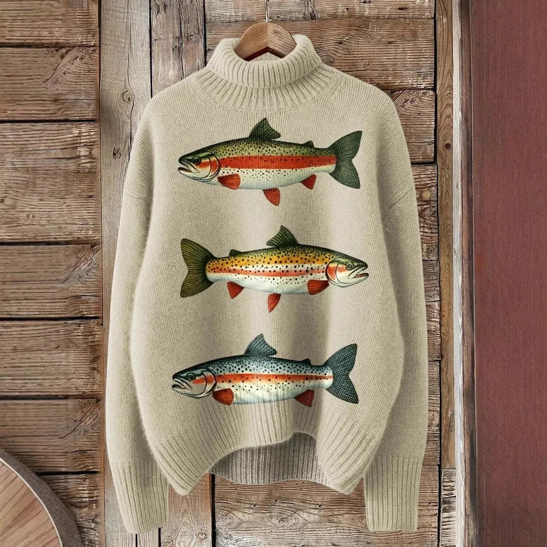 Women's loose fit Christmas printed turtleneck sweater in a macaron colour.