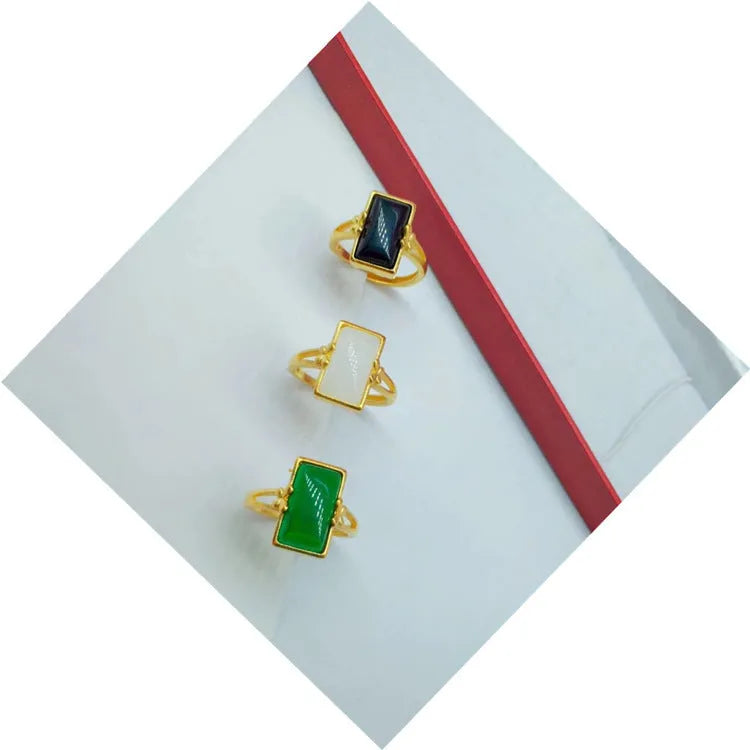 Adjustable brass gold-plated ring with electroplated gemstone inlay in national style design