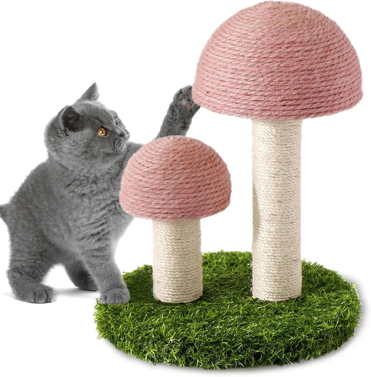 Pink mushroom-shaped cat scratching post with natural sisal covering on cap and pole