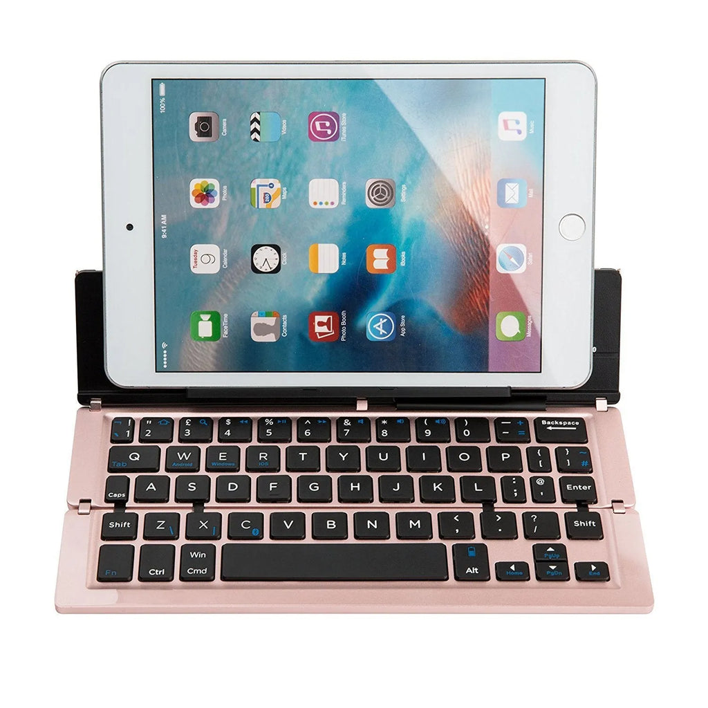 F18 three-fold folding aluminium alloy Bluetooth keyboard in golden, expanded view showing 58 keys
