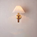 American retro-style walnut wood wall lamp with fabric shade and copper accents.