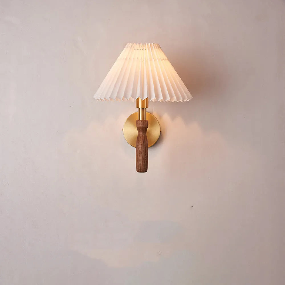 American retro-style walnut wood wall lamp with fabric shade and copper accents.