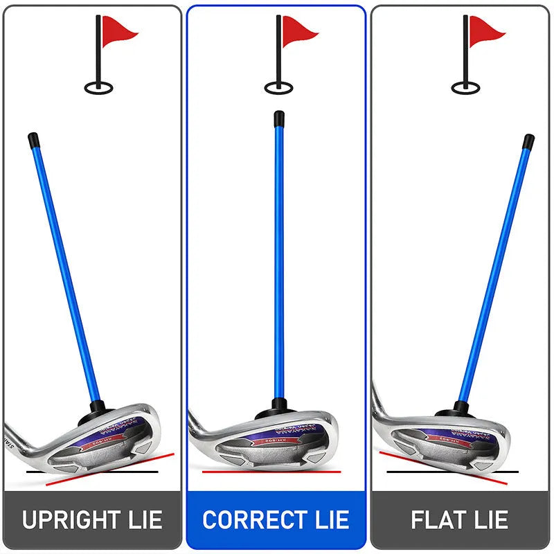 Red and blue aluminium alloy golf swing alignment trainer on a practice mat.
