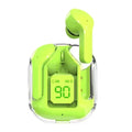 Transparent space capsule case containing true wireless Bluetooth earbuds with digital battery display