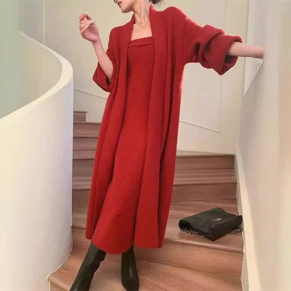 Women's grey knitted cardigan dress sweater suit with long skirt and flocking detail