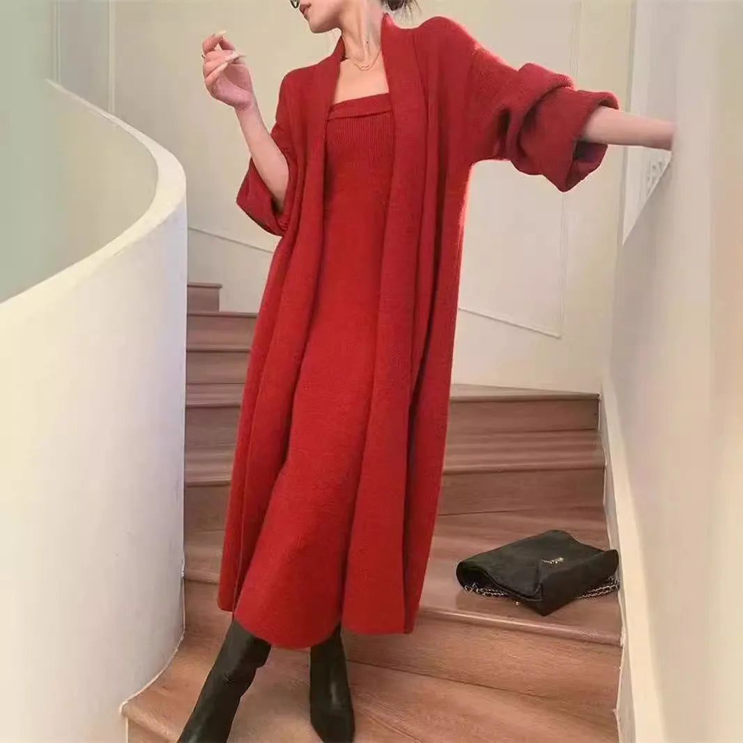 Women's grey knitted cardigan dress sweater suit with long skirt and flocking detail
