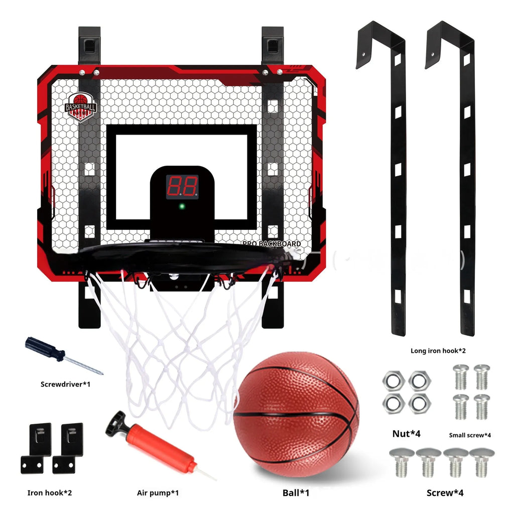 Red and blue folding basketball frame with dunk scoring markings and suction cup mounting system