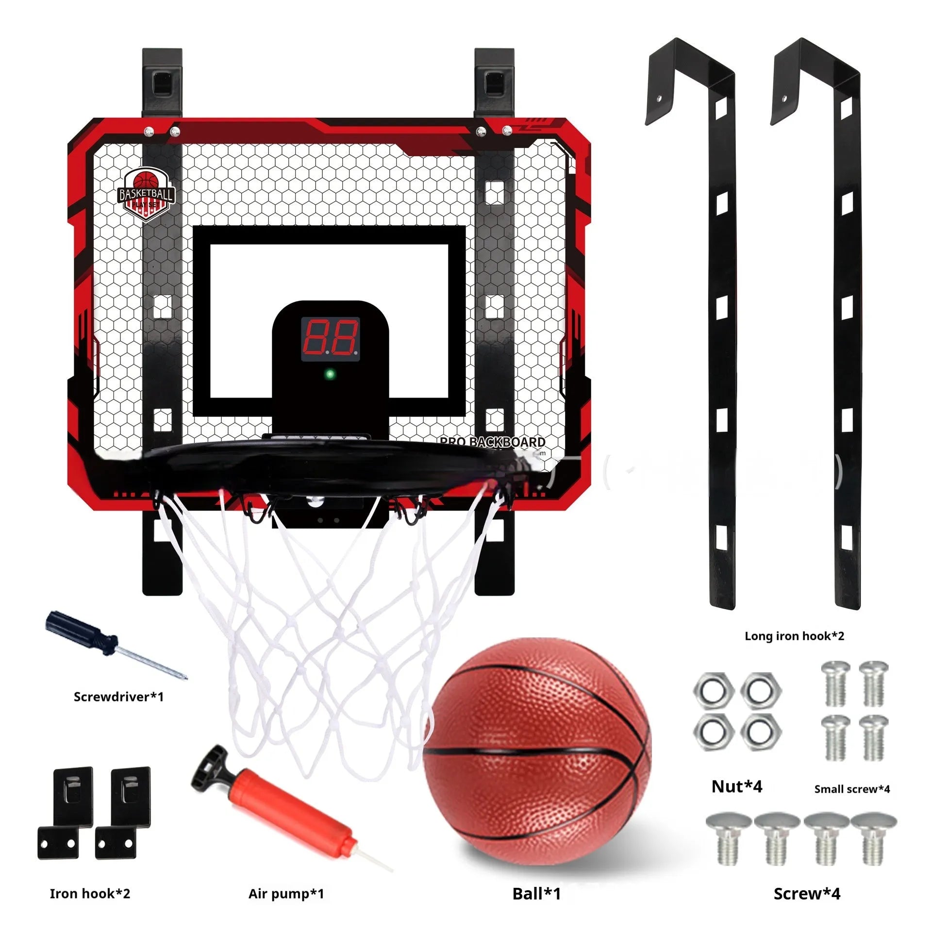 Red and blue folding basketball frame with dunk scoring markings and suction cup mounting system