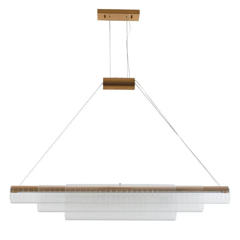 Modern minimalist glass pendant lamp with iron fittings and LED light in three length options.