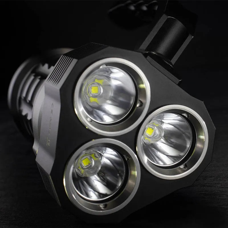 Aluminium alloy diving torch flashlight showing length and design for underwater use.