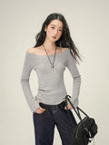 Women's soft knit oblique shoulder pullover sweater slim fit solid colour top in grey