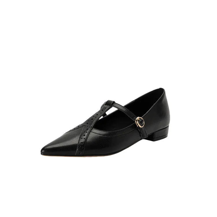 Brown women's cowhide leather flat shoes with round toe and metal detail on a soft sole.