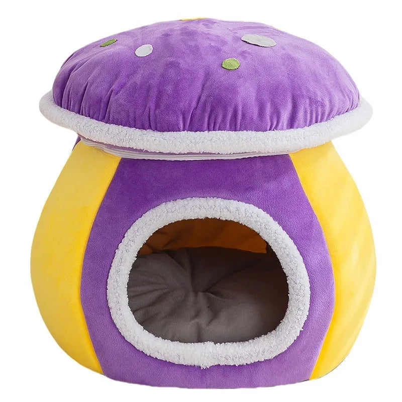 Grey mushroom-shaped plush cat nest bed for indoor cages, shown with a detachable design.