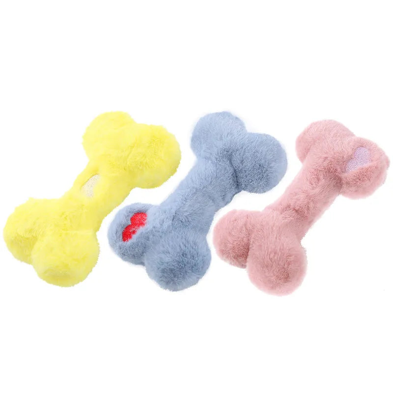 Blue plush bone-shaped dog toy with a squeaker for chew-resistant interactive play.