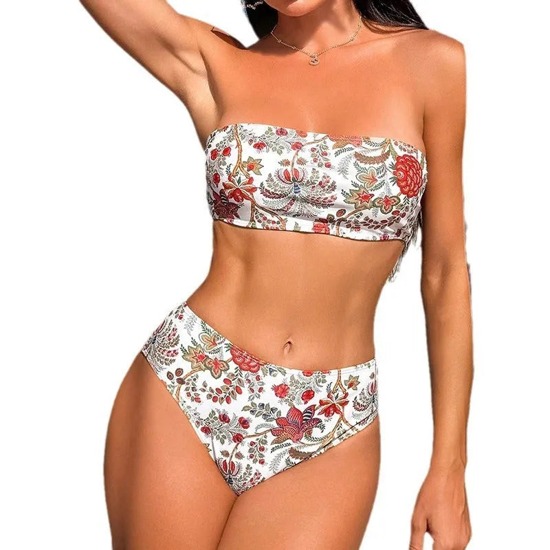 Women's printed bandeau triangle swimsuit top with matching shorts.
