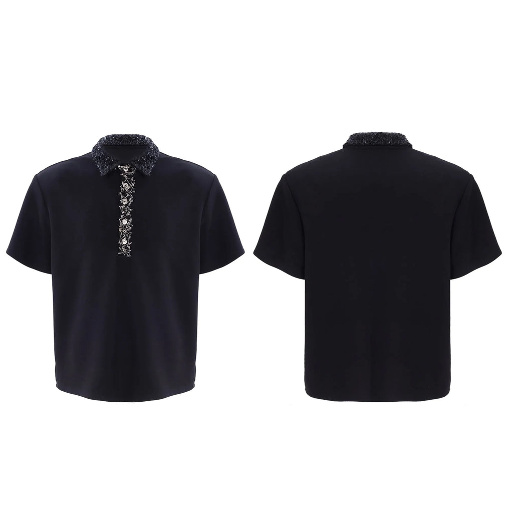 Black men's loose fit polo t-shirt with short sleeves and a square collar decorated with heavy embroidery sequins.