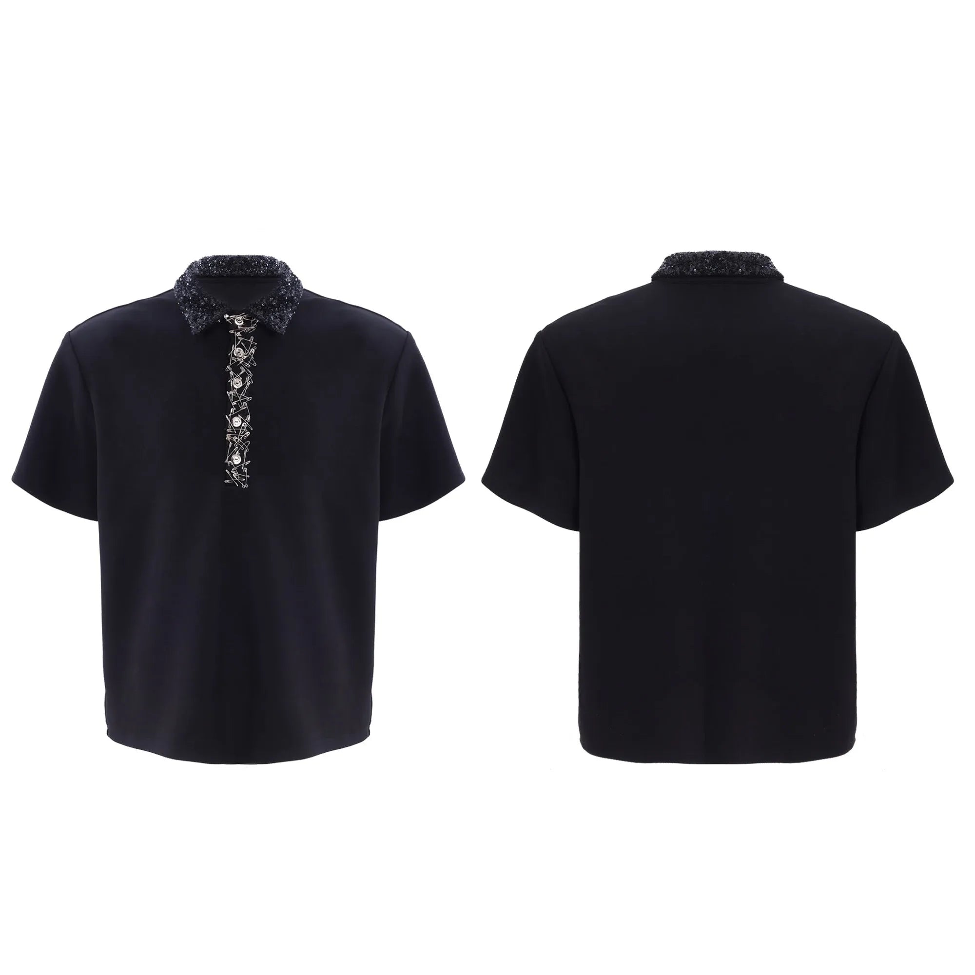 Black men's loose fit polo t-shirt with short sleeves and a square collar decorated with heavy embroidery sequins.