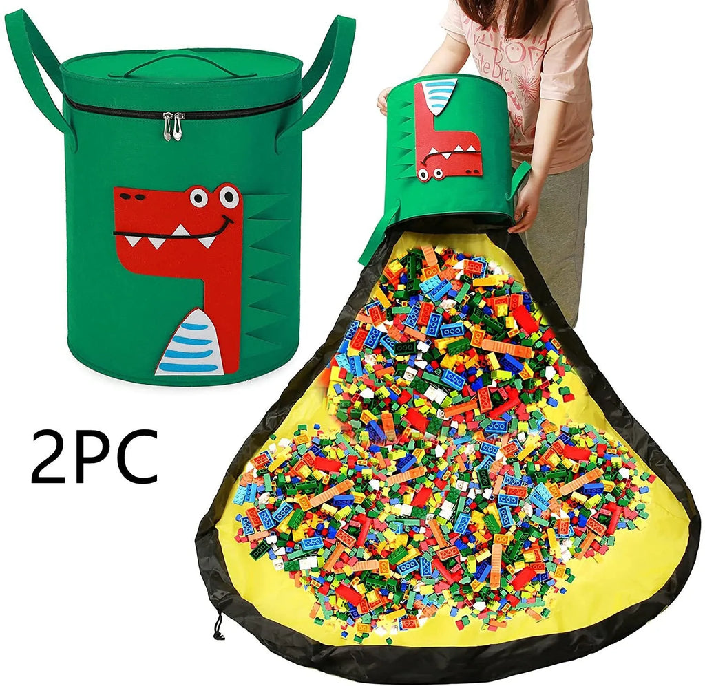 Green felt cube storage bag with pull rope, shown both as a closed bag and flattened as a play mat.