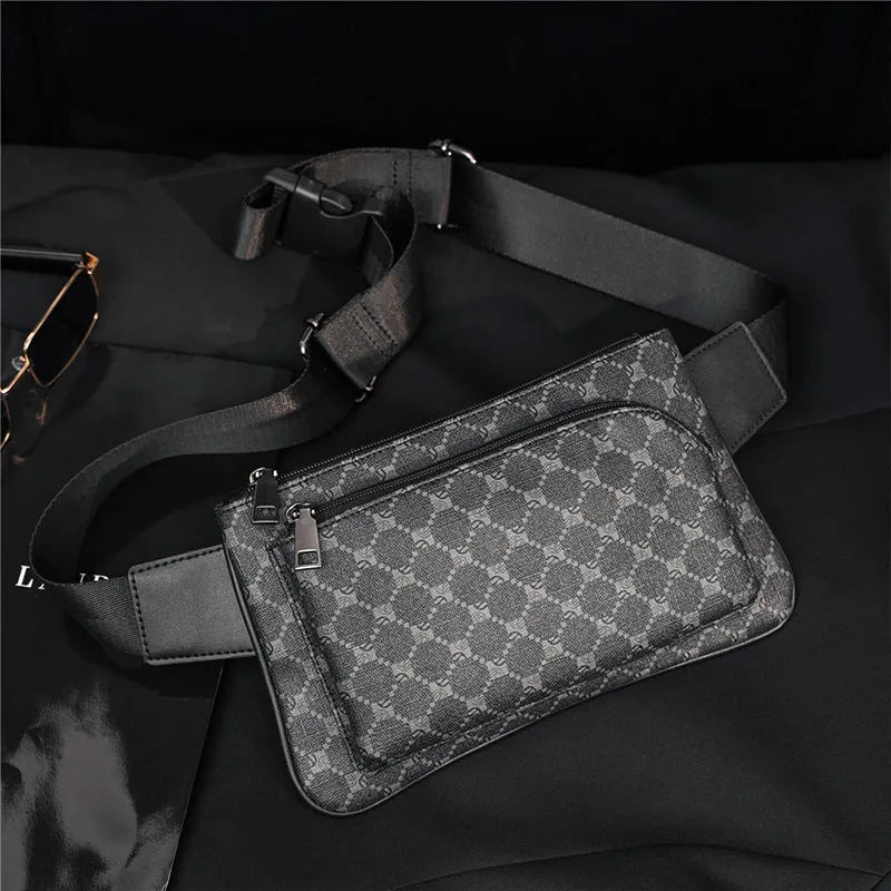 Men's patterned black PU leather waterproof crossbody chest bag with adjustable strap