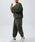 Men's polar fleece winter sports suit set showing crew neck coat and padded trousers in double-sided fleece fabric