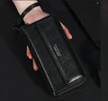 Men's black PU leather long wallet with multiple card slots, shown closed.