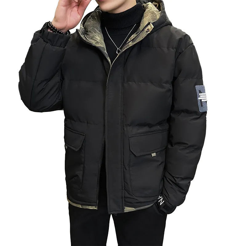 Men's hooded cotton-padded coat in loose cardigan style, black colour, with polyester filling