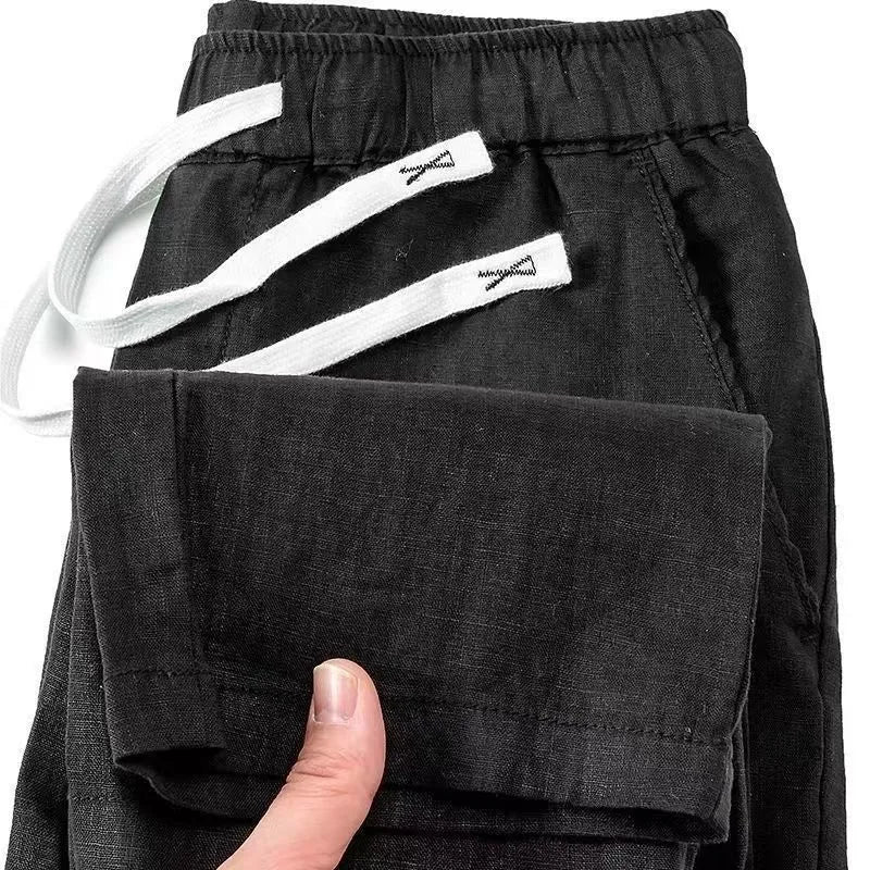 Pure linen Chinese style trousers with elastic waist and straight leg design