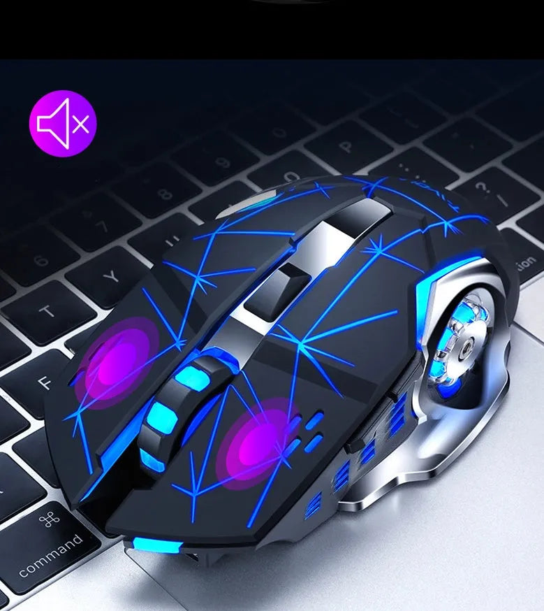 Black wireless mouse with six buttons showing wireless charging capability and silent click design