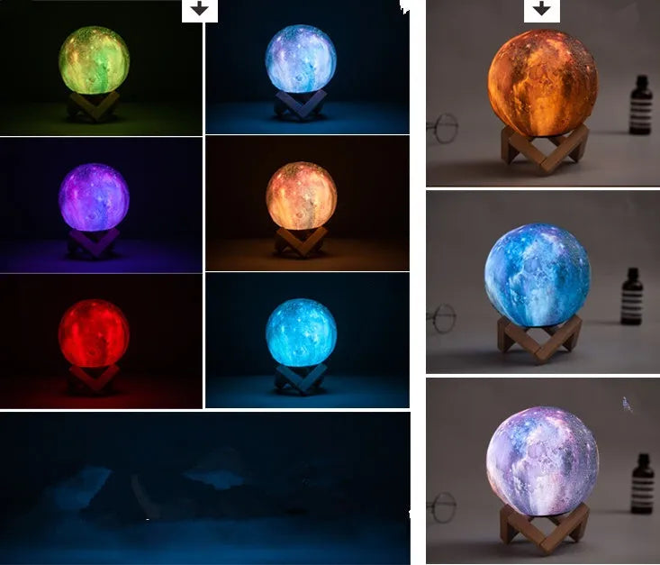 3D-printed spherical moon night light with colour-changing LED glow on a dark surface.