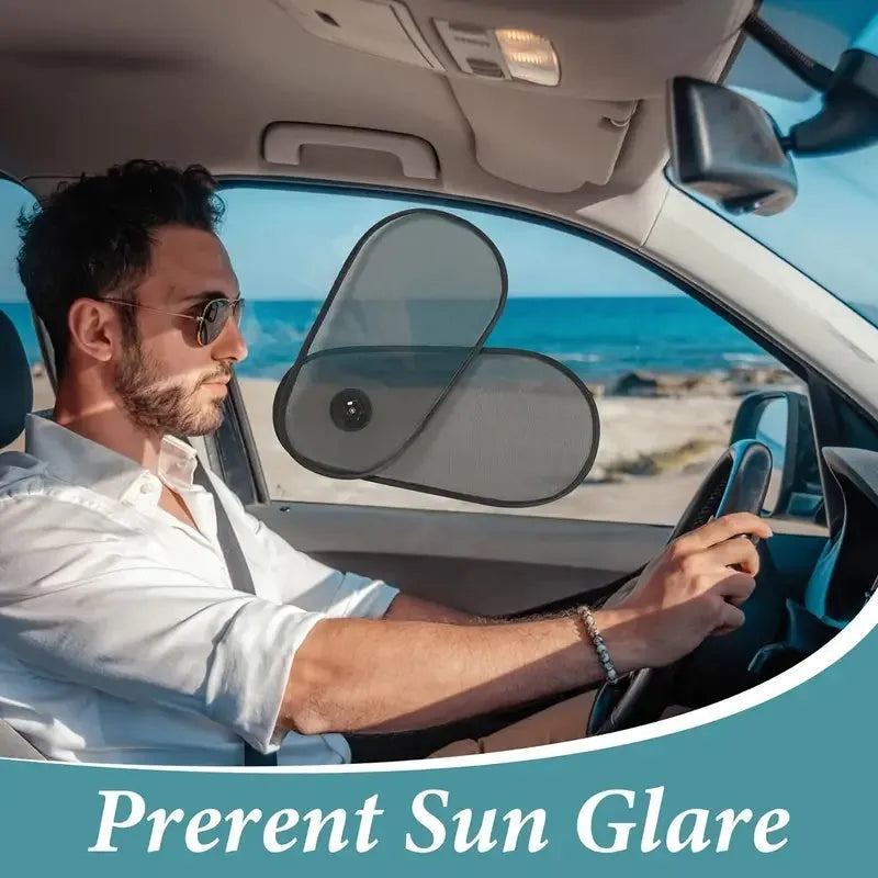 Black stretchy car side window sunshade with suction cups attached to protect a baby from sun.