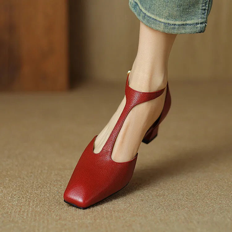 Wine red women's high heels with square toe, chunky heel, buckle fastening, and sheepskin leather upper.