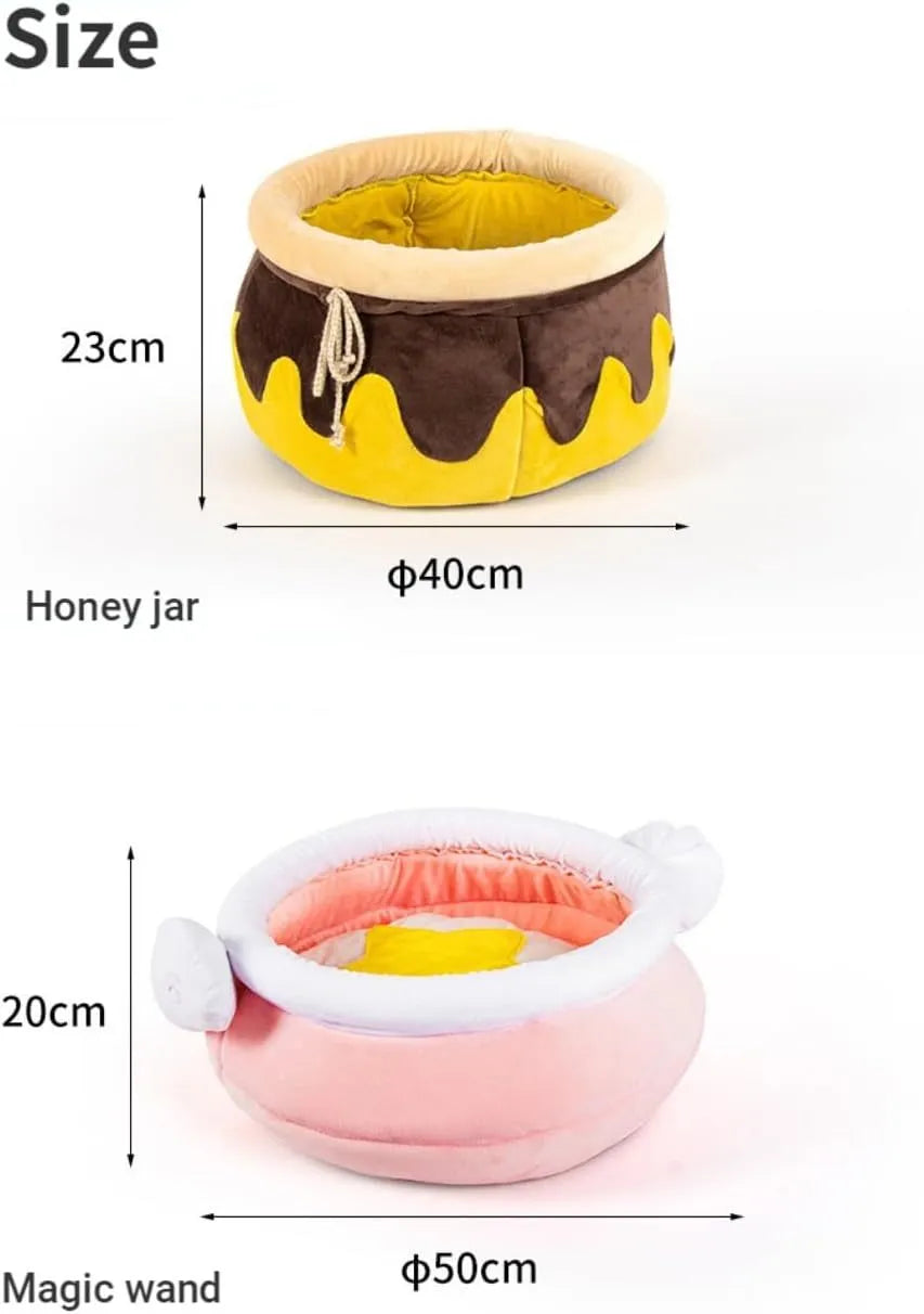 Honey pot shaped cat sofa bed with magic wand design in pink or yellow colour