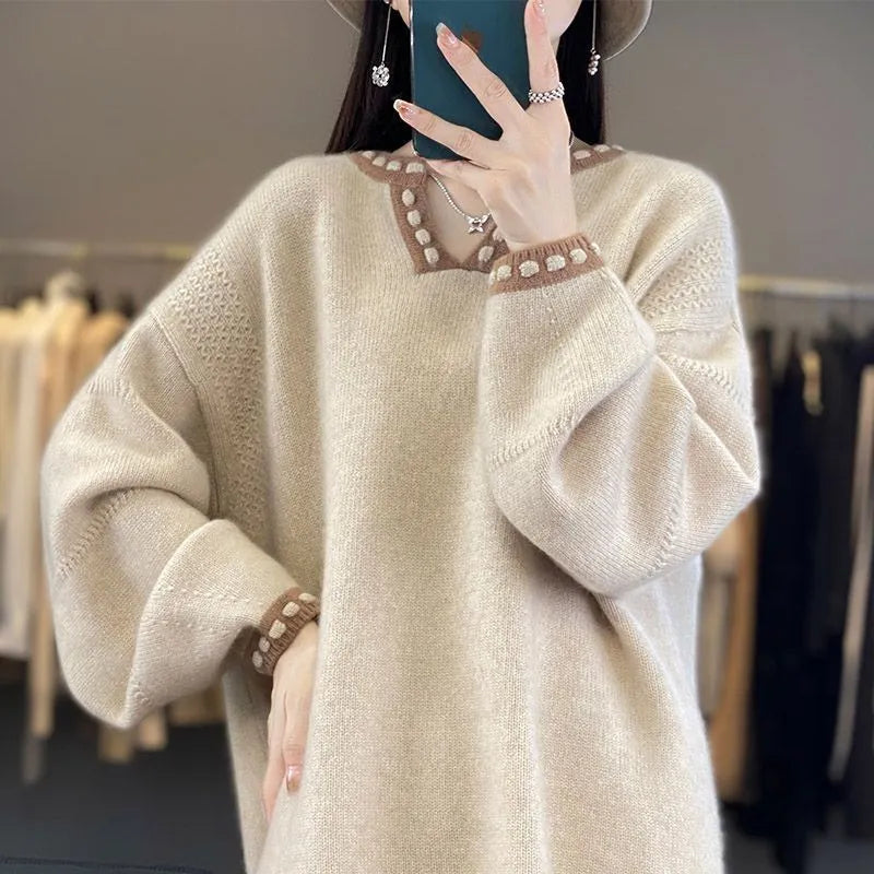 Women's V-neck pullover sweater in camel colour with regular long sleeves